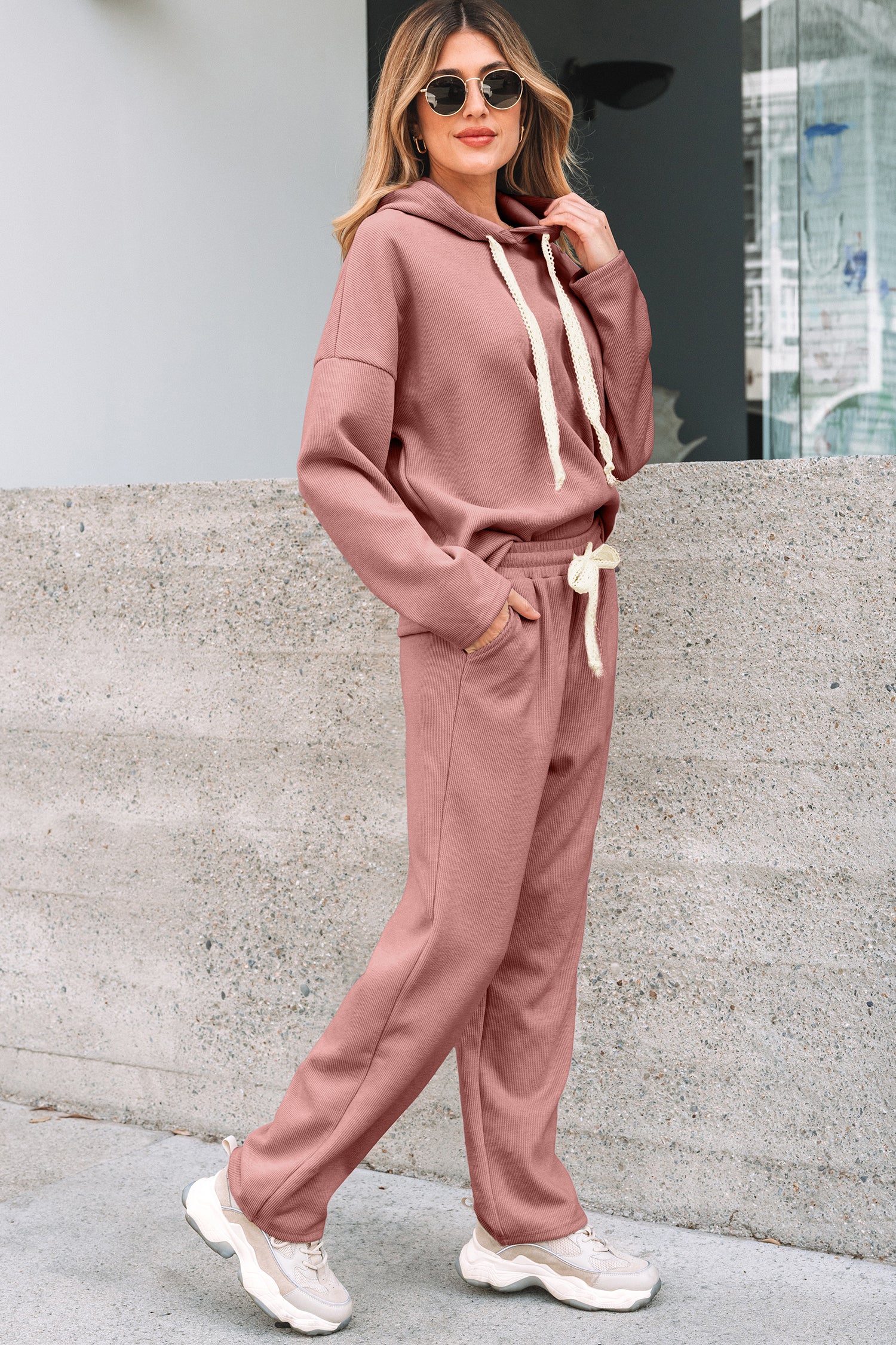 Rose Tan Lace Drawstring Pullover Hoodie and High Waist Pants Corduroy Suit