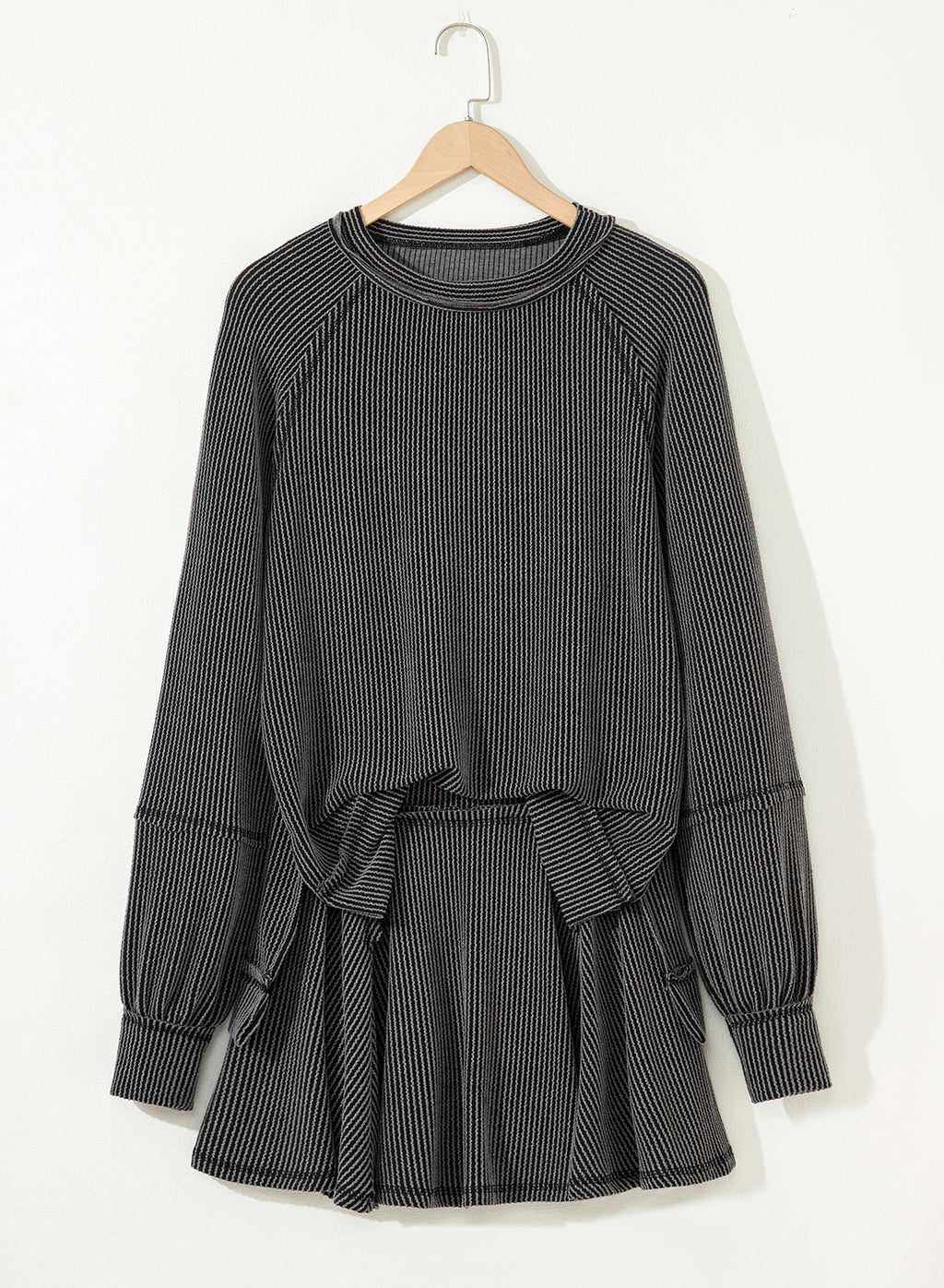 Dark Grey Corded Lantern Sleeve Top High Waist Ruffled Mini Skirt Set