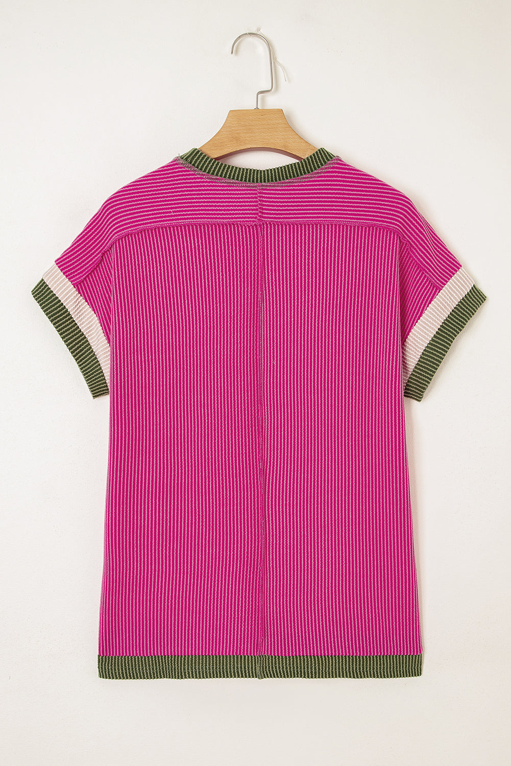 Rose Red Textured Contrast Trim Round Neck T Shirt