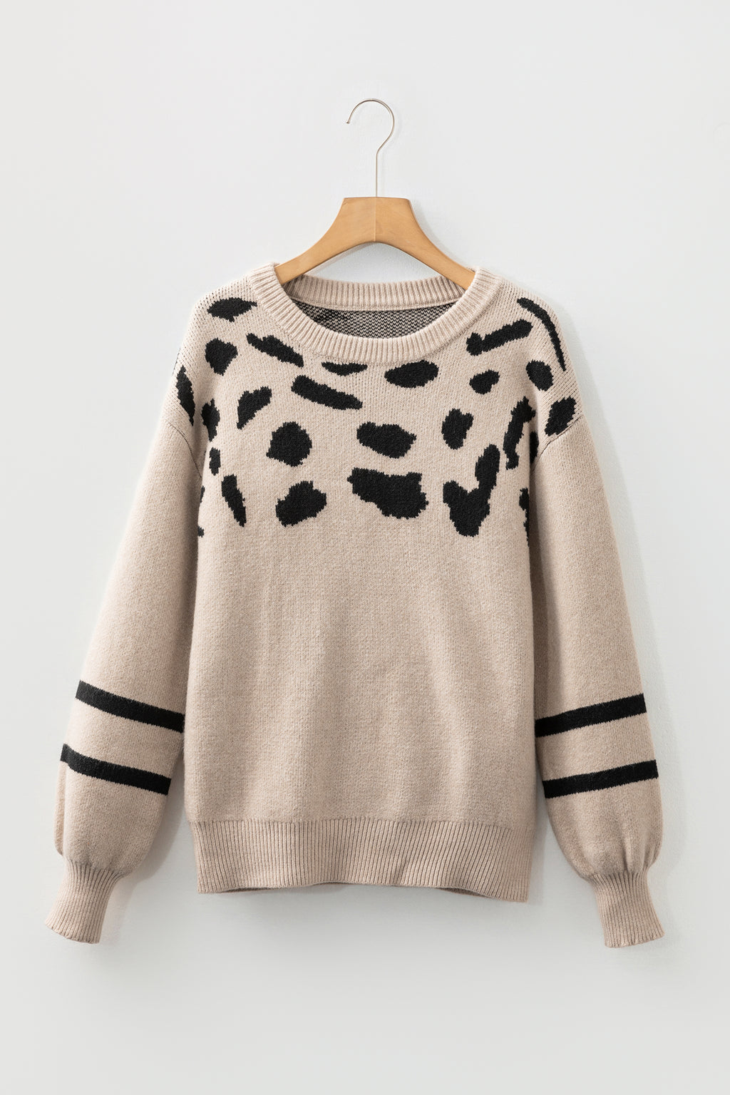 Khaki Leopard Striped Detail Drop Shoulder Sweater