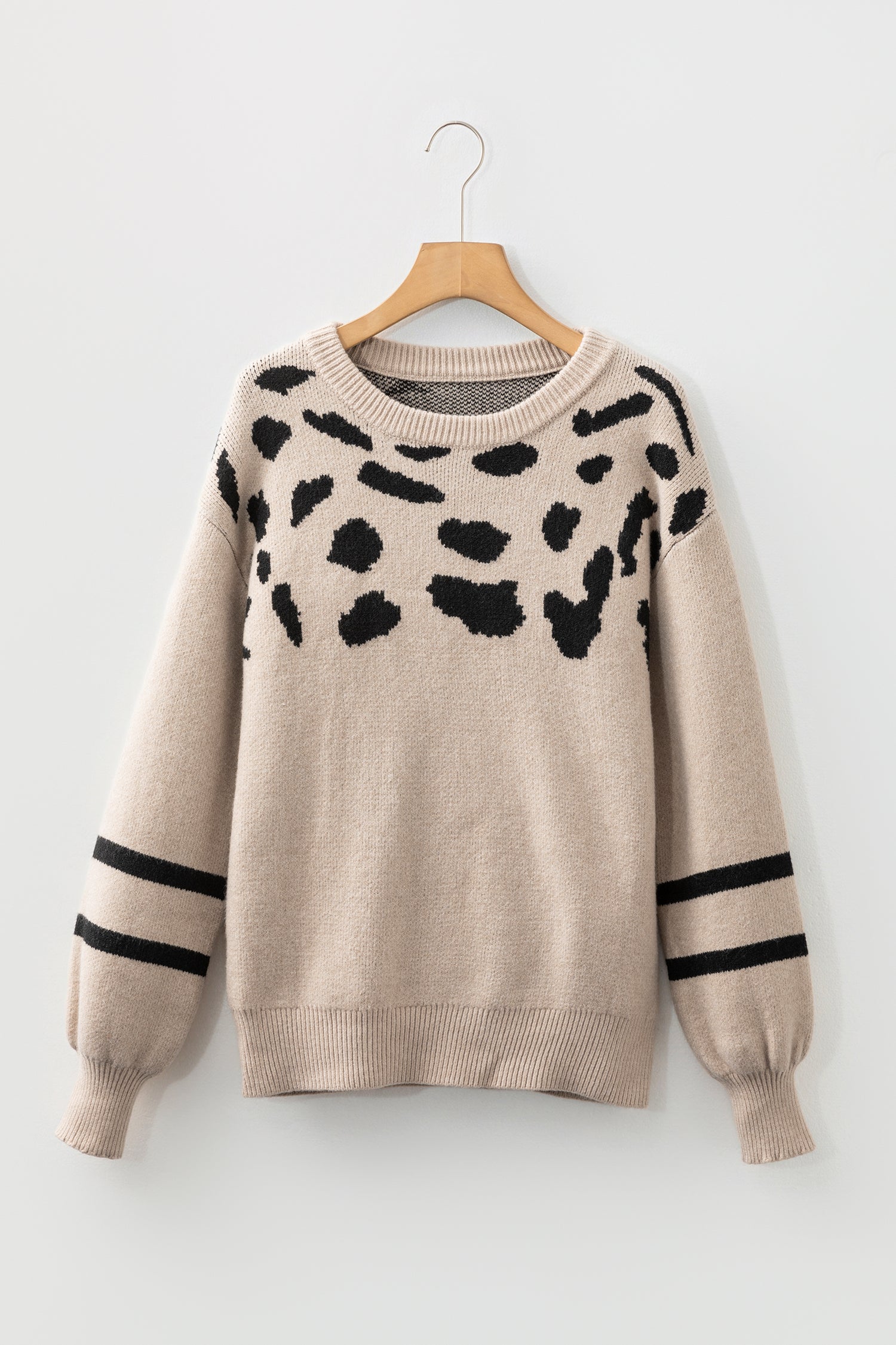 Khaki Leopard Striped Detail Drop Shoulder Sweater