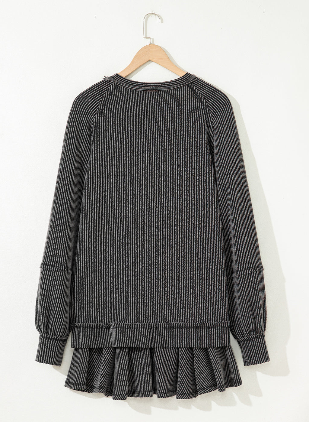 Dark Grey Corded Lantern Sleeve Top High Waist Ruffled Mini Skirt Set