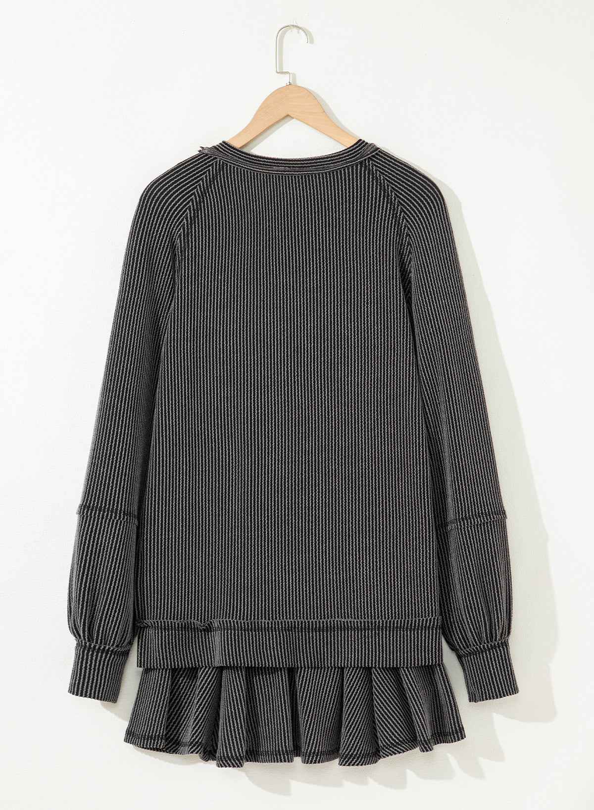 Dark Grey Corded Lantern Sleeve Top High Waist Ruffled Mini Skirt Set