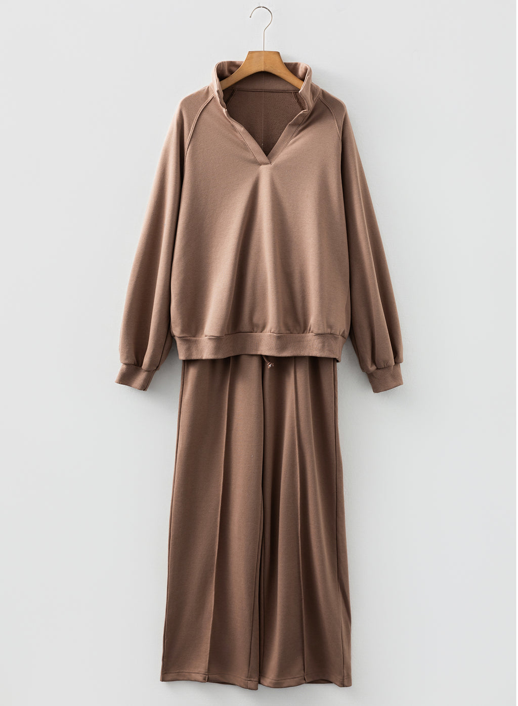 Dark Khaki Polo Collar V Neck Pullover and Drawstring Sweatpants Set