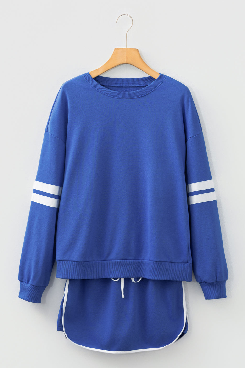 Sky Blue Varsity Stripe Detail Drop Shoulder Pullover Mini Skirt Set