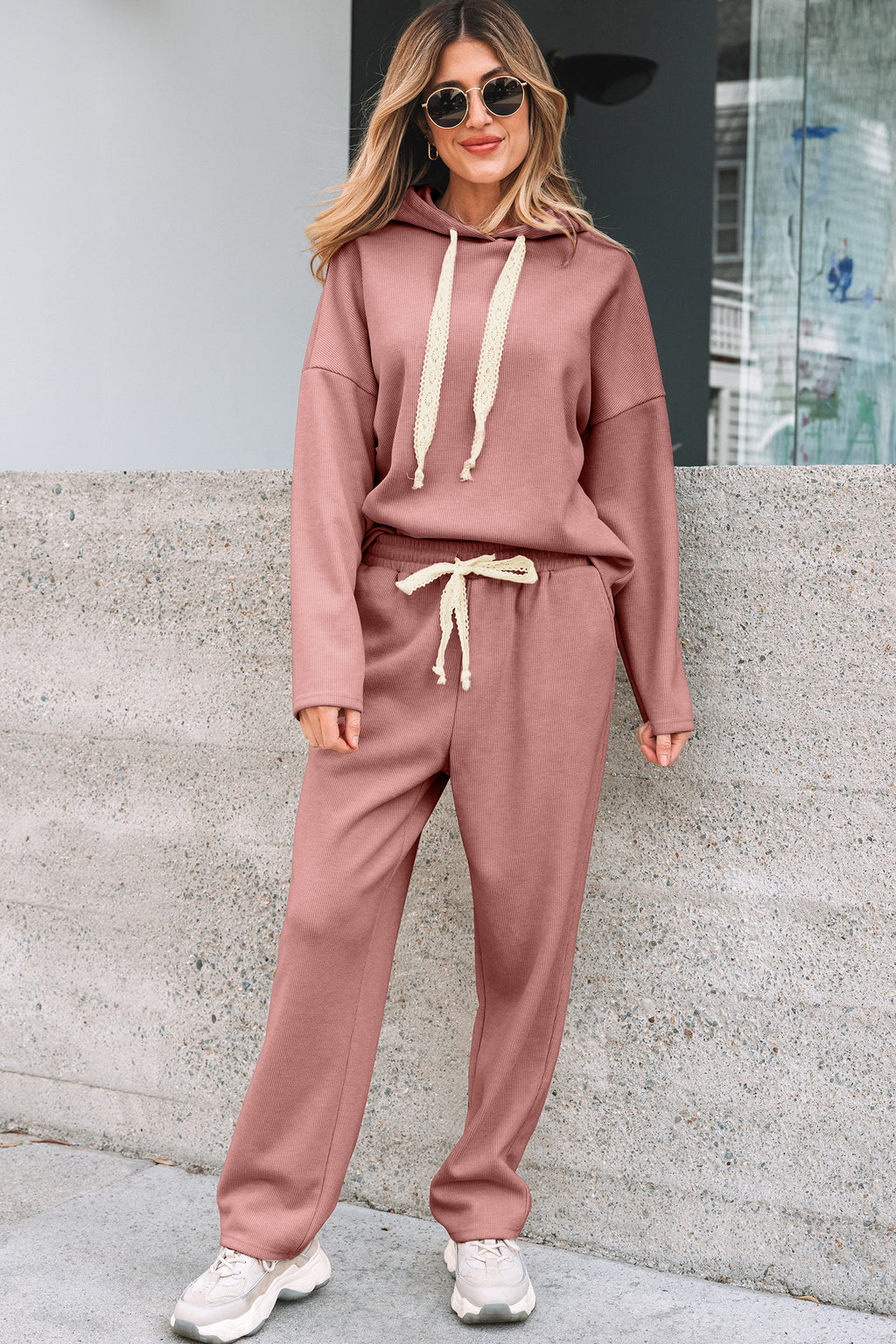 Rose Tan Lace Drawstring Pullover Hoodie and High Waist Pants Corduroy Suit