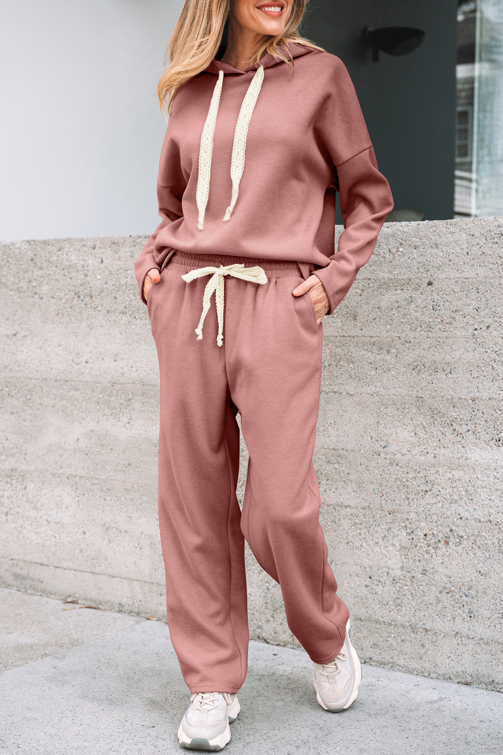 Rose Tan Lace Drawstring Pullover Hoodie and High Waist Pants Corduroy Suit